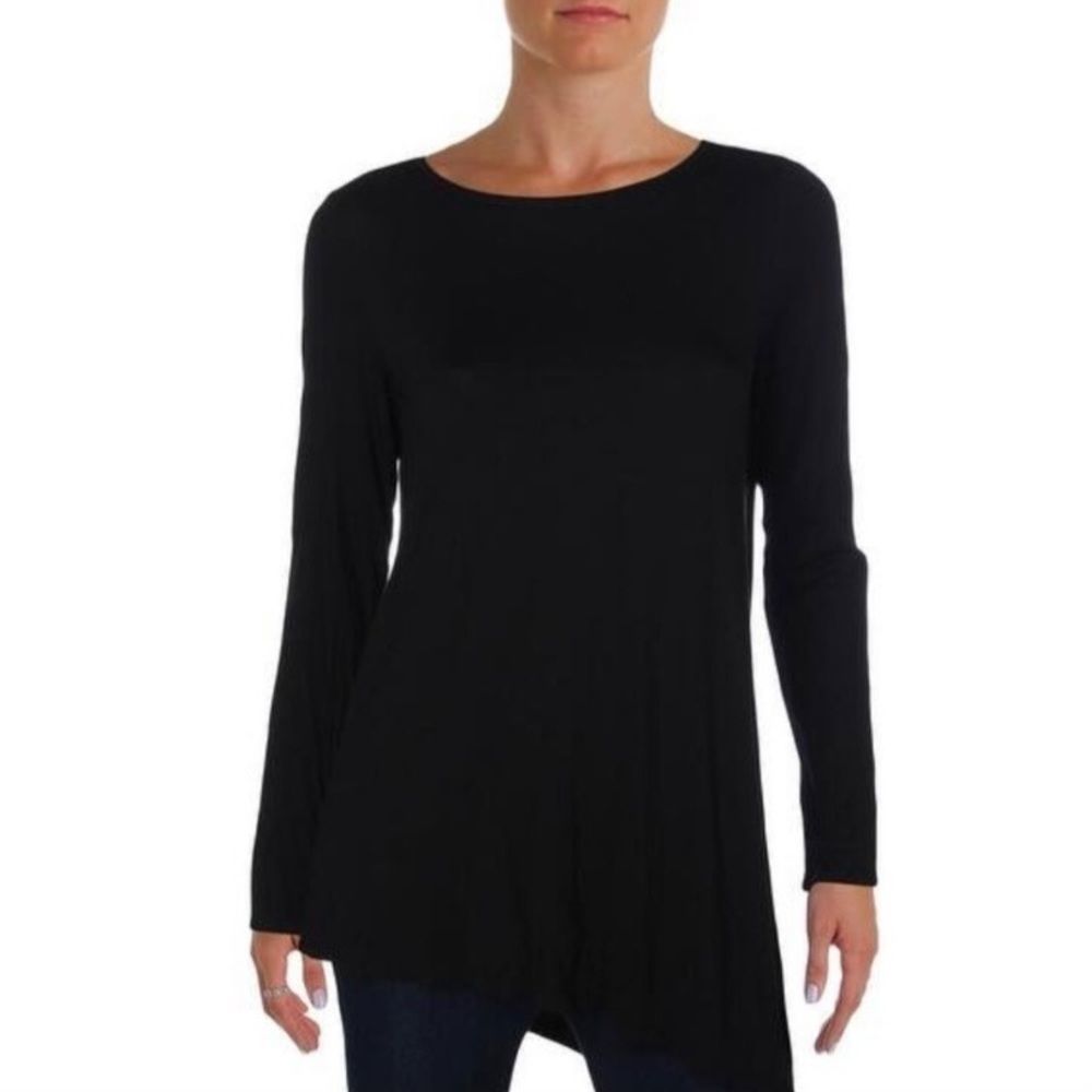 EILEEN FISHER asymmetrical long sleeve crewneck black tee + size S